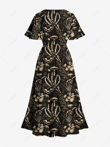 Gothic Plus Size Mushroom Skeleton Claw Flowers Print Split Midi Dress