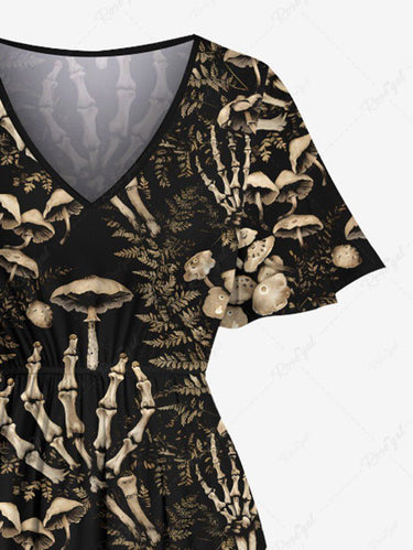 Gothic Plus Size Mushroom Skeleton Claw Flowers Print Split Midi Dress