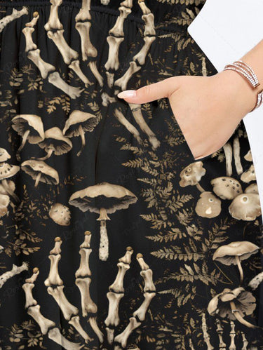 Gothic Plus Size Mushroom Skeleton Claw Flowers Print Split Midi Dress