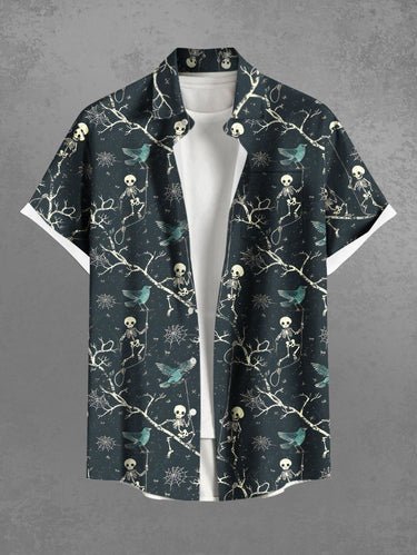 Gothic Plus Size Skull Skeleton Tree Branch Bird Spider Web Print Halloween Button Pocket Shirt For Men