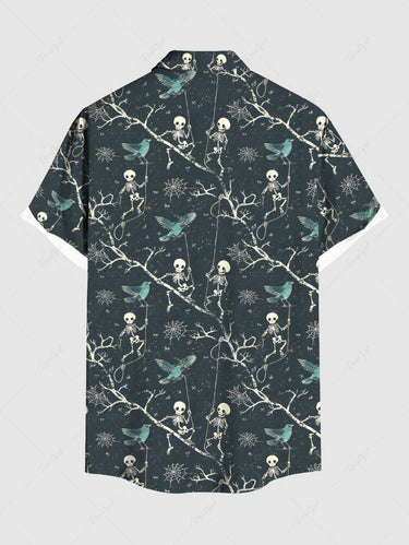 Gothic Plus Size Skull Skeleton Tree Branch Bird Spider Web Print Halloween Button Pocket Shirt For Men