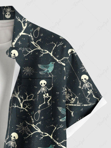 Gothic Plus Size Skull Skeleton Tree Branch Bird Spider Web Print Halloween Button Pocket Shirt For Men