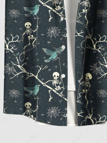 Gothic Plus Size Skull Skeleton Tree Branch Bird Spider Web Print Halloween Button Pocket Shirt For Men