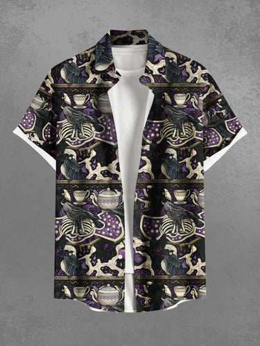 Gothic Plus Size Crow Skeleton Pot Print Halloween Button Pocket Shirt For Men