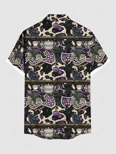 Gothic Plus Size Crow Skeleton Pot Print Halloween Button Pocket Shirt For Men