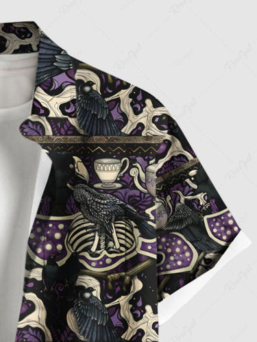 Gothic Plus Size Crow Skeleton Pot Print Halloween Button Pocket Shirt For Men
