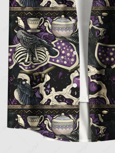 Gothic Plus Size Crow Skeleton Pot Print Halloween Button Pocket Shirt For Men