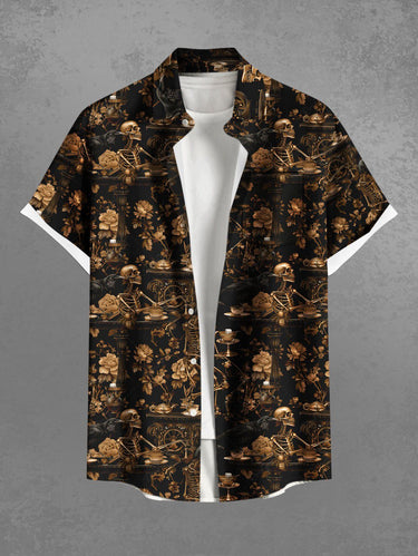 Gothic Plus Size Skeleton Flower Print Button Pocket Shirt For Men