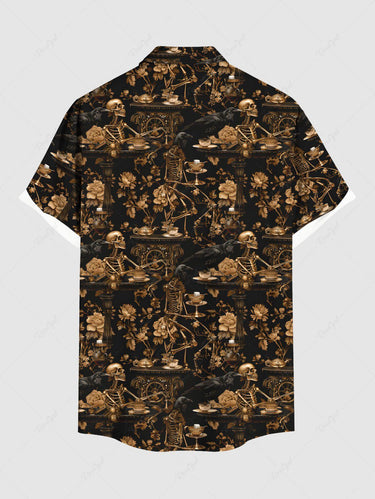 Gothic Plus Size Skeleton Flower Print Button Pocket Shirt For Men
