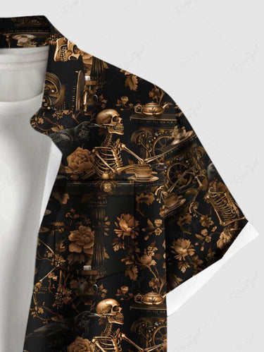 Gothic Plus Size Skeleton Flower Print Button Pocket Shirt For Men