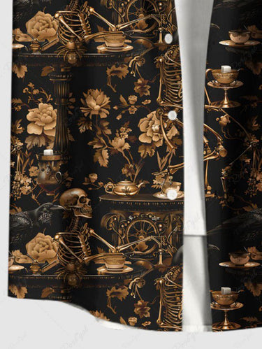 Gothic Plus Size Skeleton Flower Print Button Pocket Shirt For Men