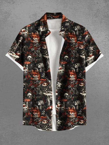 Gothic Plus Size Skull Skeleton Fox Flower Mushroom Print Button Pocket Shirt For Men