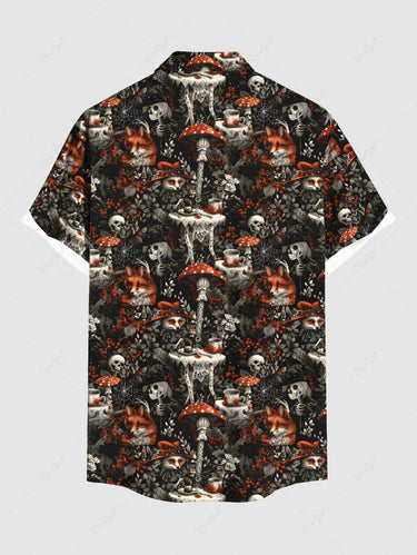 Gothic Plus Size Skull Skeleton Fox Flower Mushroom Print Button Pocket Shirt For Men