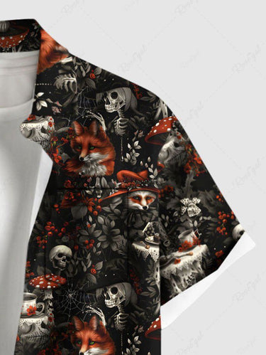 Gothic Plus Size Skull Skeleton Fox Flower Mushroom Print Button Pocket Shirt For Men