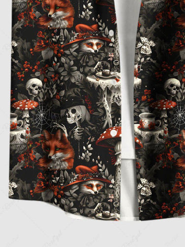 Gothic Plus Size Skull Skeleton Fox Flower Mushroom Print Button Pocket Shirt For Men