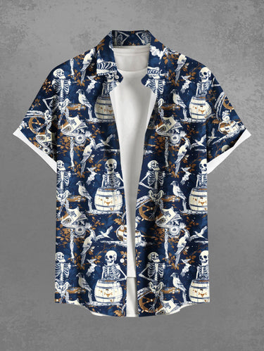 Gothic Plus Size Skeleton Bird Wooden Cask Print Button Pocket Shirt For Men
