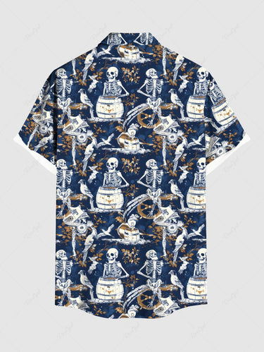 Gothic Plus Size Skeleton Bird Wooden Cask Print Button Pocket Shirt For Men