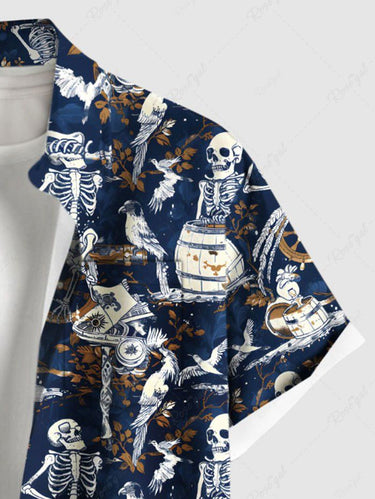 Gothic Plus Size Skeleton Bird Wooden Cask Print Button Pocket Shirt For Men