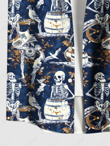 Gothic Plus Size Skeleton Bird Wooden Cask Print Button Pocket Shirt For Men