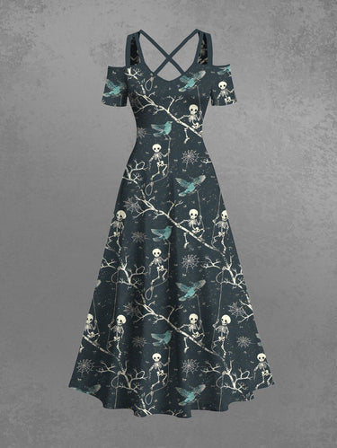 Gothic Plus Size Skull Skeleton Tree Branch Bird Spider Web Print Halloween Cold Shoulder Crisscross A Line Maxi Dress