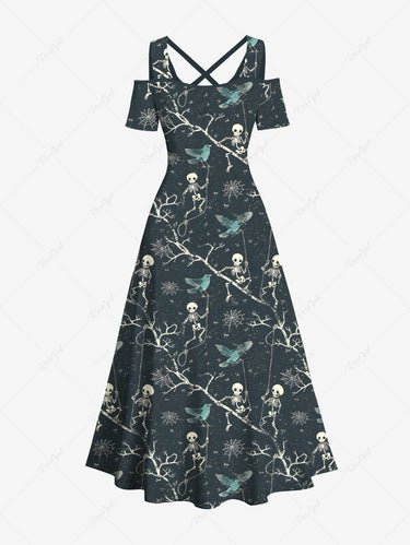Gothic Plus Size Skull Skeleton Tree Branch Bird Spider Web Print Halloween Cold Shoulder Crisscross A Line Maxi Dress