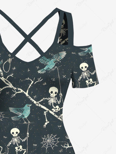 Gothic Plus Size Skull Skeleton Tree Branch Bird Spider Web Print Halloween Cold Shoulder Crisscross A Line Maxi Dress