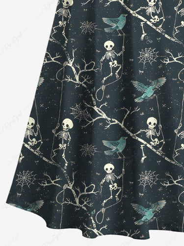 Gothic Plus Size Skull Skeleton Tree Branch Bird Spider Web Print Halloween Cold Shoulder Crisscross A Line Maxi Dress