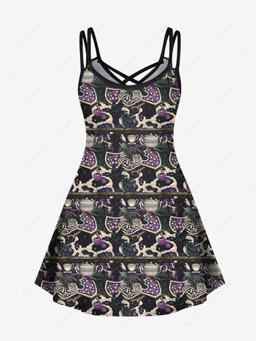 Gothic Plus Size Crow Skeleton Pot Print Halloween Crisscross Strappy A Line Cami Dress