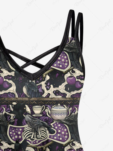 Gothic Plus Size Crow Skeleton Pot Print Halloween Crisscross Strappy A Line Cami Dress