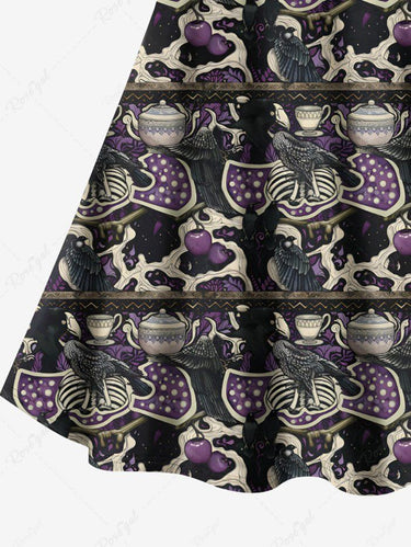 Gothic Plus Size Crow Skeleton Pot Print Halloween Crisscross Strappy A Line Cami Dress