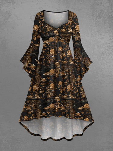 Gothic Plus Size Skeleton Flower Print Ruched High Low Asymmetric Dress