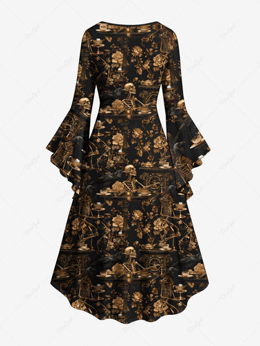 Gothic Plus Size Skeleton Flower Print Ruched High Low Asymmetric Dress