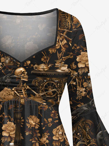 Gothic Plus Size Skeleton Flower Print Ruched High Low Asymmetric Dress
