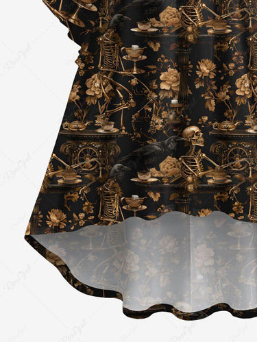 Gothic Plus Size Skeleton Flower Print Ruched High Low Asymmetric Dress