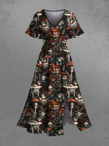 Gothic Plus Size Skull Skeleton Fox Flower Mushroom Print Split Pocket A Line Midi Dress