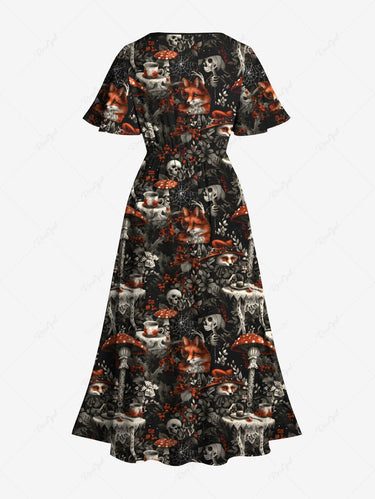 Gothic Plus Size Skull Skeleton Fox Flower Mushroom Print Split Pocket A Line Midi Dress