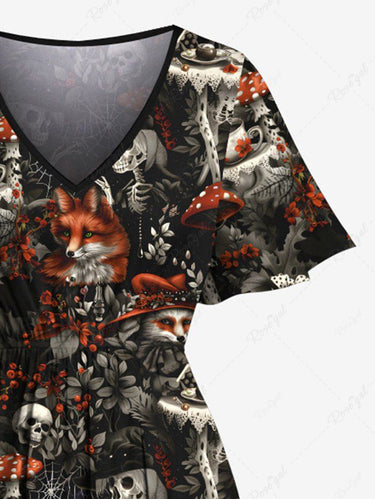 Gothic Plus Size Skull Skeleton Fox Flower Mushroom Print Split Pocket A Line Midi Dress