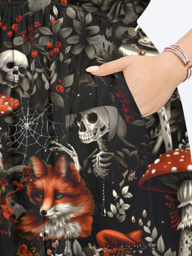 Gothic Plus Size Skull Skeleton Fox Flower Mushroom Print Split Pocket A Line Midi Dress