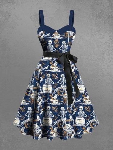 Gothic Plus Size Skeleton Bird Wooden Cask Print Button A Line Dress with Removable Belt