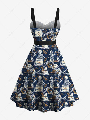 Gothic Plus Size Skeleton Bird Wooden Cask Print Button A Line Dress with Removable Belt