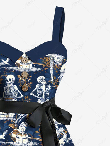 Gothic Plus Size Skeleton Bird Wooden Cask Print Button A Line Dress with Removable Belt