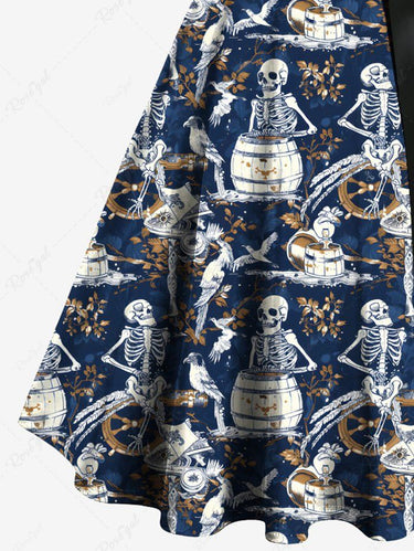 Gothic Plus Size Skeleton Bird Wooden Cask Print Button A Line Dress with Removable Belt
