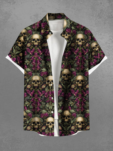 Gothic Plus Size Skull Rose Flower Print Button Pocket Shirt For Men
