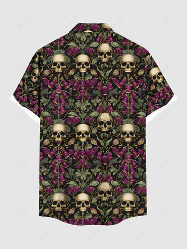 Gothic Plus Size Skull Rose Flower Print Button Pocket Shirt For Men