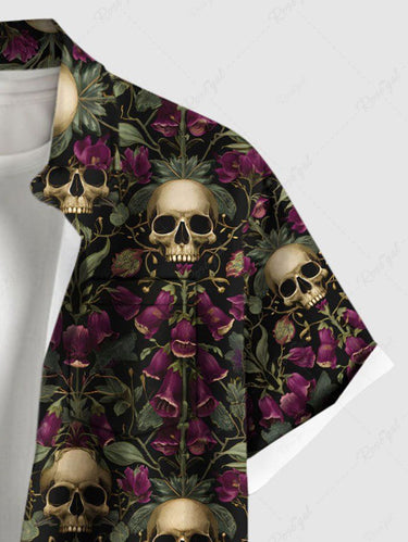 Gothic Plus Size Skull Rose Flower Print Button Pocket Shirt For Men