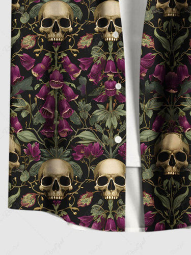 Gothic Plus Size Skull Rose Flower Print Button Pocket Shirt For Men