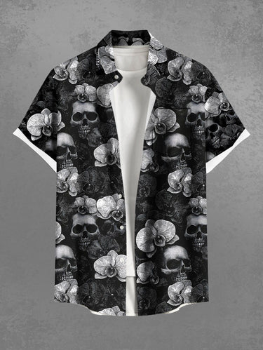 Gothic Plus Size Skull Flower Print Button Pocket Shirt For Men