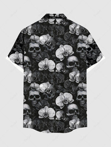 Gothic Plus Size Skull Flower Print Button Pocket Shirt For Men