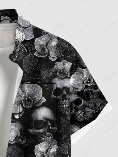 Gothic Plus Size Skull Flower Print Button Pocket Shirt For Men