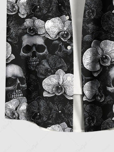 Gothic Plus Size Skull Flower Print Button Pocket Shirt For Men
